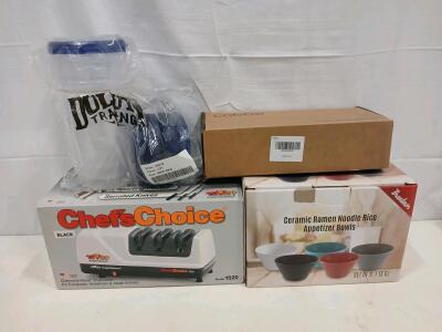 Household Essentials Bundle: Knife Sharpener, Bowl Set, Shower Head, Container