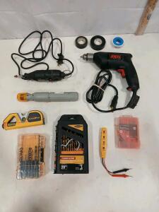 Assorted Tool Lot: Skil Drill, Craftsman Rotary, LevelPro Laser Level, Dewalt & Warrior Bits