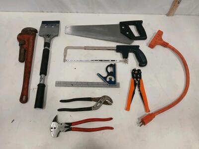 Mixed Lot of 10 Hand Tools - Pipe Wrench, Hand Saw, Hacksaw, Pliers, Wire Strippers, Extension Cord