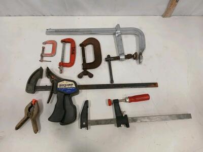 Assorted Clamps Lot, Irwin Quick-Grip Bar, 8 Pieces, C-Clamps, F-Clamp, Spring, Up to 18"