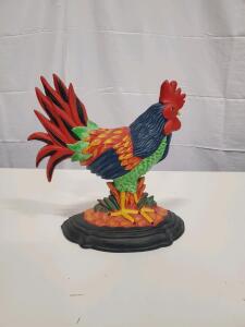 Cast Iron Rooster Doorstop, 11" Tall, Multicolor, Marked "A. MAN", Vintage Decorative Iron