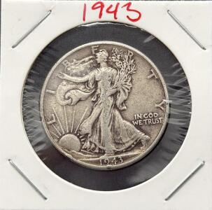 1943 Walking Liberty Half Dollar, 90% Silver, Circulated, No Mint Mark Shown, 12.5g