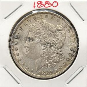 1880 Morgan Silver Dollar, Philadelphia Mint, 90% Silver, 38.1mm, Circulated