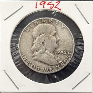 1952 Franklin Half Dollar, 90% Silver, Philadelphia Mint, Circulated, Benjamin Franklin, Liberty Bell