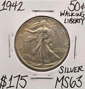 1942 MS63 Mint State Silver Walking Liberty Half Dollar