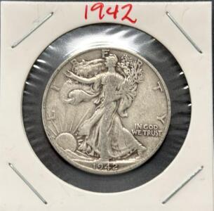 1942 & 1942-D Walking Liberty Half Dollars, 90% Silver, Philadelphia & Denver, Circulated