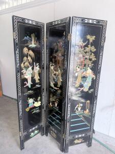 Chinese 3-Panel Black Lacquer Folding Screen with Hand-Painted Court Scene 72" H x 16" W x 1" D per panel
