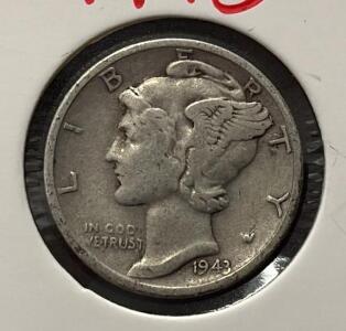 1943-S Mercury Dime, San Francisco Mint, 90% Silver, Circulated, Adolph Weinman Design
