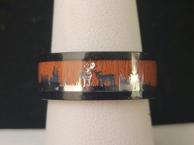 (1) Buck and Doe Forest Inversed Silhouette Wedding Engagement Ring, Band Size 6