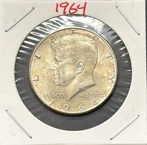 1964 Kennedy Half Dollar 90% Silver, Circulated, Philadelphia Mint, Cardboard Flip Holder