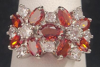 Red & Clear Sapphire Ring Round Faceted Cut, Size 8