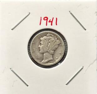 1943 Mercury Dime, Philadelphia, 90% Silver, Winged Liberty, Circulated