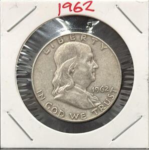 1962-D Franklin Half Dollar, 90% Silver, Denver Mint, Circulated, 12.5g, 30.6mm Diameter