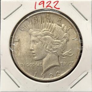 1922 Peace Dollar, Philadelphia Mint, 90% Silver, Anthony de Francisci, Circulated Condition