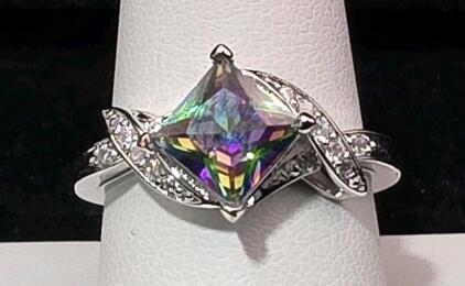 Size 9 Faceted Square Cut Mystic Rainbow Topaz Ring
