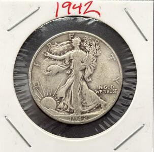 1942-D Walking Liberty Half Dollar, 90% Silver, Denver Mint, Adolph Weinman Design, Circulated