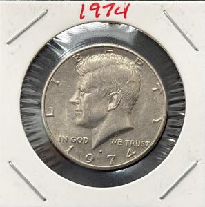 1974 Kennedy Half Dollar Coin, Copper-Nickel Clad, 50 Cent US Coin in Cardboard Flip