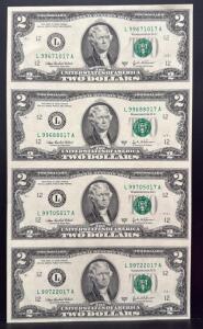 2003 $2 Federal Reserve Note Uncut 4-Note Sheet &ndash; San Francisco District
