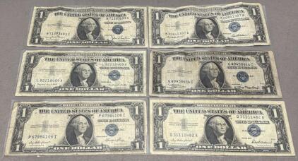 Lot of 6 US $1 Silver Certificates (1935A-E, 1957, 1957A), Blue Seal, Various Serial Numbers