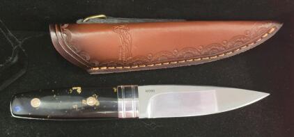 Loveless Drop Point Hunter Style Fixed Blade Knife, M390 Steel, Custom Resin Handle, Leather Sheath