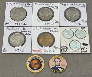 U.S. Coin Collection: 1973-D Kennedy Half, 1979-S/D Anthony Dollars, 2000-P Sacagawea, 1943 Steel Set