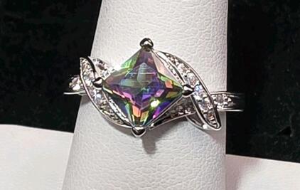 Size 8 Faceted Square Cut Mystic Rainbow Topaz Ring