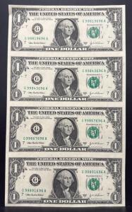 Uncut 4-Note Sheet 2003A $1 Federal Reserve Notes G9981xxxxA Consecutive Serials Chicago