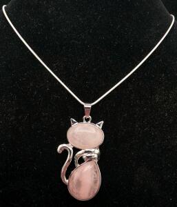 24" Rose Agate Cat Pendant Necklace