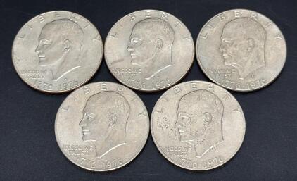 5 Eisenhower Dollar Coins 1776-1976 Bicentennial, Circulated, $1 US Commemorative, Copper-Nickel Clad