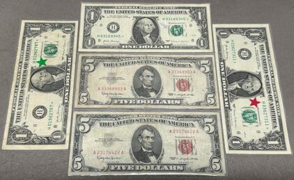 1963 $5 Red Seal Set & 2017 $1 Star Notes, Consecutive Serials, St. Louis District, Lot of 5