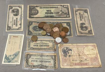 Mixed World Banknote & Coin Lot: WWII Japanese Invasion, France 1939, Mexico 1954, Indonesia 1964
