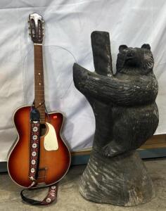Vintage Acoustic Guitar Sunburst w/ Floral Strap & 38" Carved Wooden Bear Sculpture