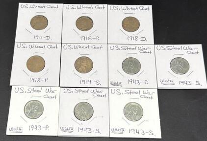 Early Lincoln Wheat Cents (1911&ndash;1919) and 1943 Steel War Cents, Mixed Mints, Lot of 10 Coins