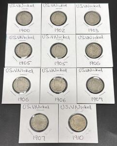11 Liberty Head "V" Nickels - 1900&ndash;1910, Mixed Dates, Philadelphia Mint, Circulated