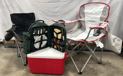 Coleman 48-Qt Cooler, 2 Ozark Trail Folding Chairs, Picnic Backpack Set for 2, Green/Red/Black