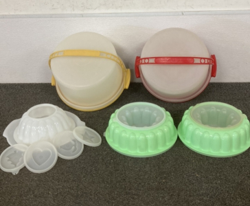 (2) Cake Carriers And (3) Jello Molds