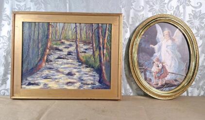 (1) Vintage Senic River Landscape Oil Painting & (1) Vintage Wall Art Prtint - Angel Watching Over Children Crossing the Bridge