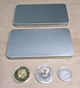 (1) 2018 Donald Trump Commemorative Coin, (1) United States Of America 1776 Declaration of Independence Commemorative Coin, (1) Gift / Memento - Mori Challenge Coin Memento Vivere EDC Stoic Reminder Coin Tempus Fugit & (2) Cash Gift Tins