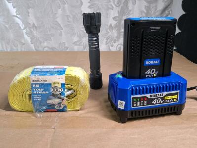 (1) Kobalt 40V Max Lithium-Ion Tool Battery & Charger, (1) 15-Foot Tow Strap W/ Hook Ends & (1) Duracell LED Flashlight