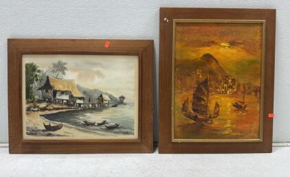 Framed Watercolor by Polh. & Oil Impressionist Harbor Scene, 16&rdquo; by 20&rdquo;, SE Asia/Hong Kong