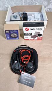 (1) Plantronics Blackwire C5220T USB/ 3.5mm Jack Headset W/ Boom Mic & Case, (1) Par36 LED Replacement Lamp, (1) 16-Foot Roll Of Velcro & Small Box Of Misc Hardware