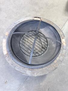 Round 36" Outdoor Wood Fire Pit, Stone Tile Top, Mesh Screen, Metal Base