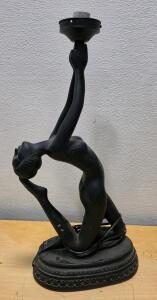 Art Deco Kneeling Nude Female Figural Table Lamp, Spelter, Matte Black Finish, Circa 1925