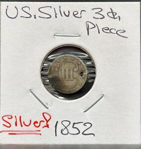 1852 U.S. Silver Three-Cent Piece Trime, Holed, 0.80g, 14mm, in 2x2 Flip