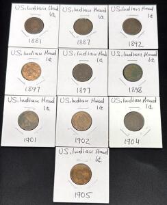 US Indian Head Cent Collection 1881-1905 &ndash; 10 Coins, Mixed Dates, 95% Copper