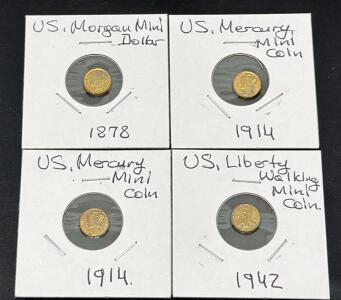 Miniature Replica US Coins: 1878 Morgan Mini Dollar, 1914 Mercury Mini Dime, 1942 Mini Walking Liberty