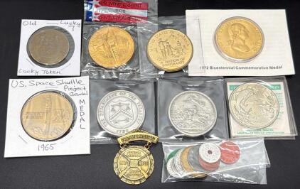 Large Lot Commemorative Medals, Tokens & Badges: US Mint, Maui Dollar, NRA, Space Gemini 1965