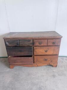 Antique Solid Wood 6-Drawer Dresser, Metal Ring Pulls, 48"x18"x32", Needs Restoration