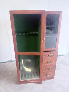 6-Gun Wooden Glass Display Cabinet with 4 Drawers, Key Lock, Oak Finish, Green Felt Lining