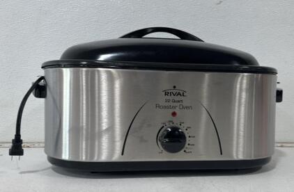 Rival 22 Quart Electric Roaster Oven, 1450W, Stainless Steel, Manual Dial, Rack & Lid